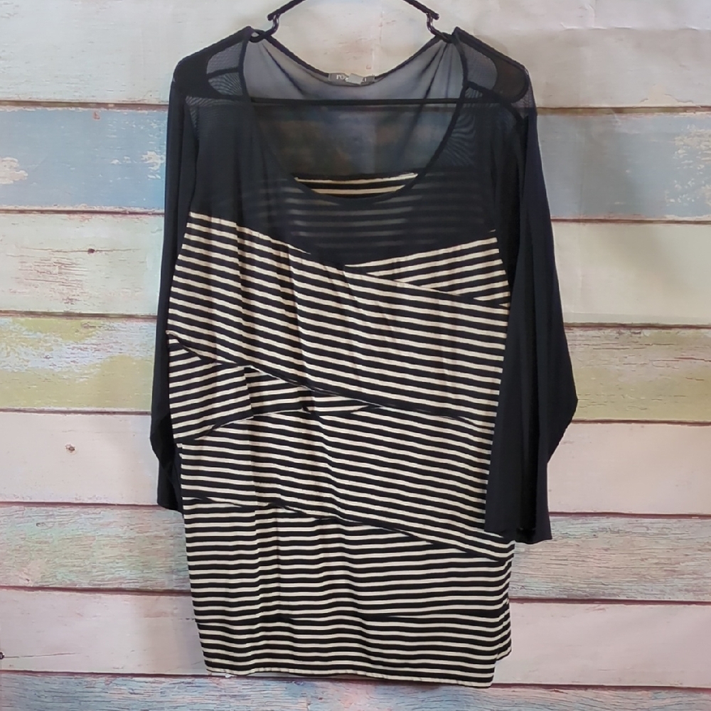 Roz & Ali Striped Black & White Mesh Detail Top